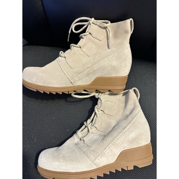 Sorel Shoes - Sorel Boots Womens 8 Evie Bootie Shoes Wedge Heel Tan Suede Waterproof Lace Up